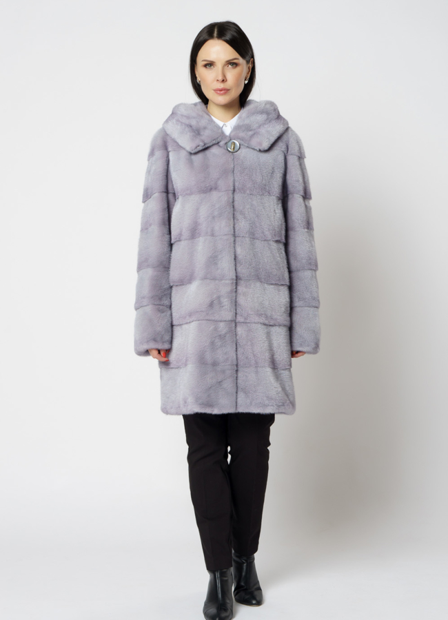Шуба из норки с капюшоном и кулиской голубого цвета модель № 29121 универмаг малина