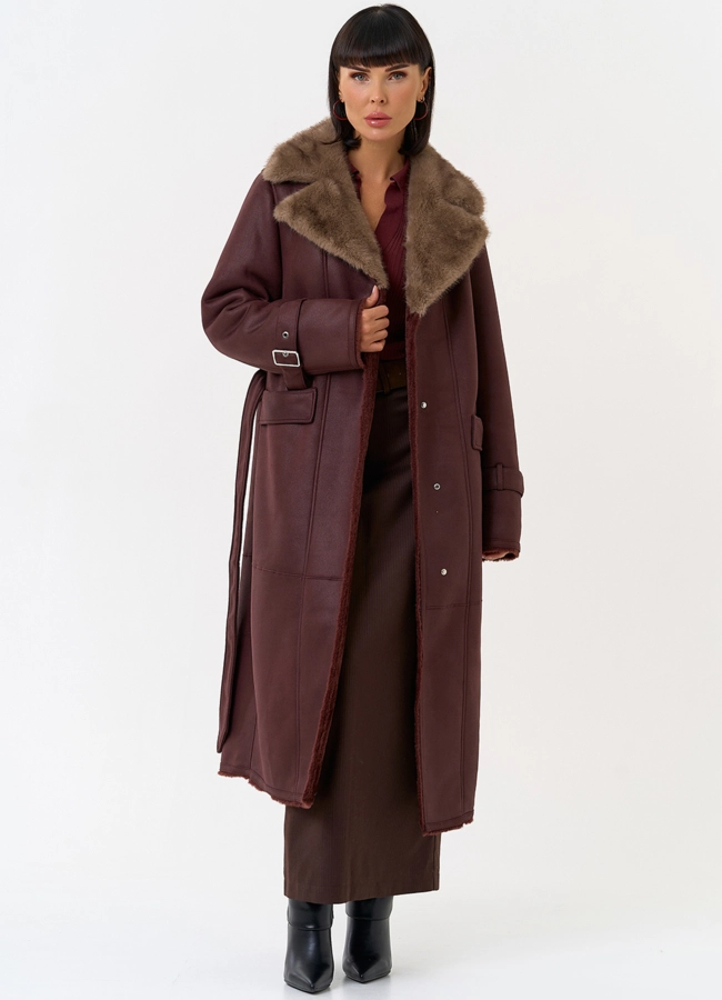 Женская дубленка из эко замши с английским воротником модель № 31511 универмаг малина