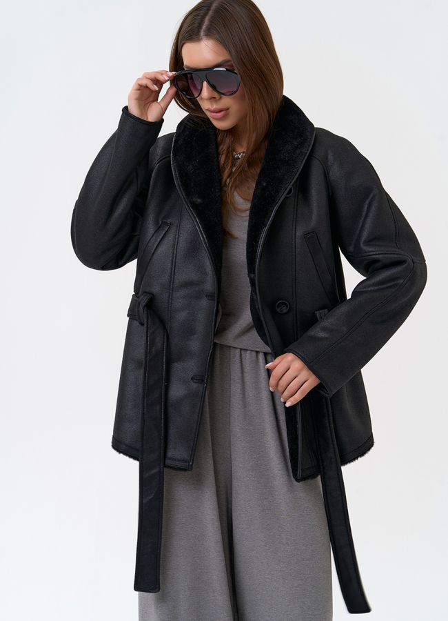 фото Женская дубленка из эко замши в стиле ретро модель № 31413