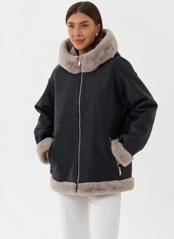 Женская эко дубленка с капюшоном