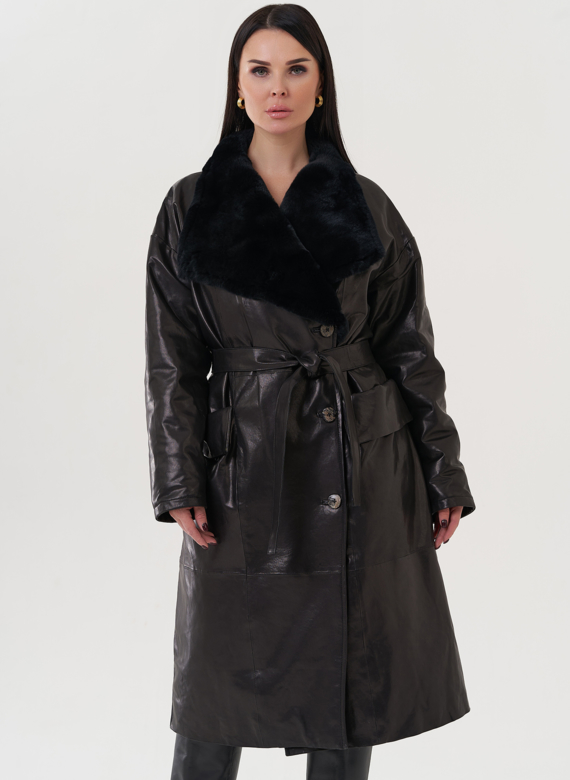 Пальто женское из натуральной кожи с отделкой из кролика 