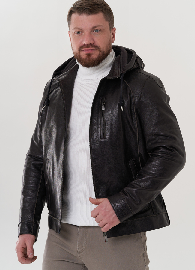 Мужская кожаная куртка с капюшоном модель № 24388 в рассрочку