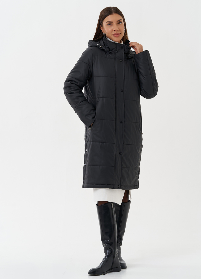 Пуховик из эко кожи с капюшоном модель № 27729 в кредит