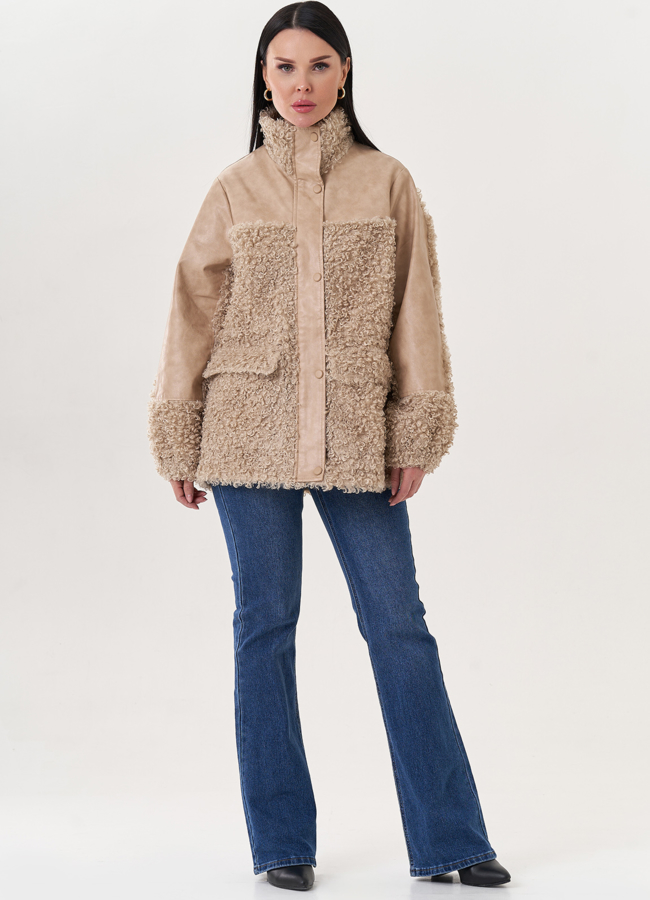 Комбинированный жакет из эко кожи модель № 26852 меха малина