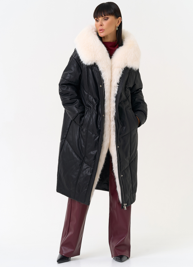 Женский пуховик из эко кожи со съемным эко мехом модель № 30718 меха малина