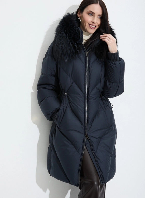 Женский пуховик с мехом чернобурой лисы на капюшоне фото