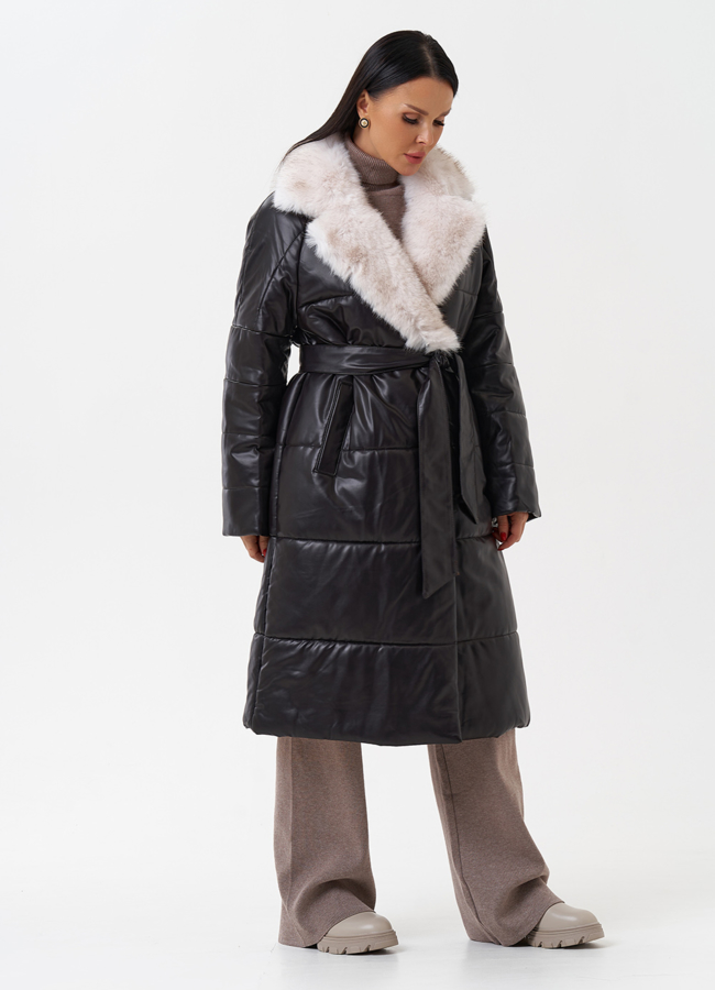 Пуховик из эко кожи с английским воротником модель № 28517 универмаг малина