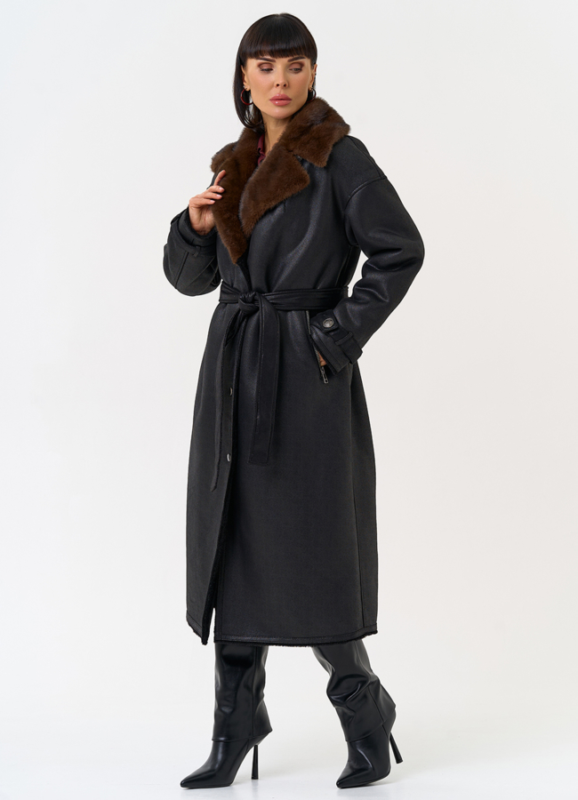 Женская дубленка из эко замши с английским воротником модель № 31507 в рассрочку