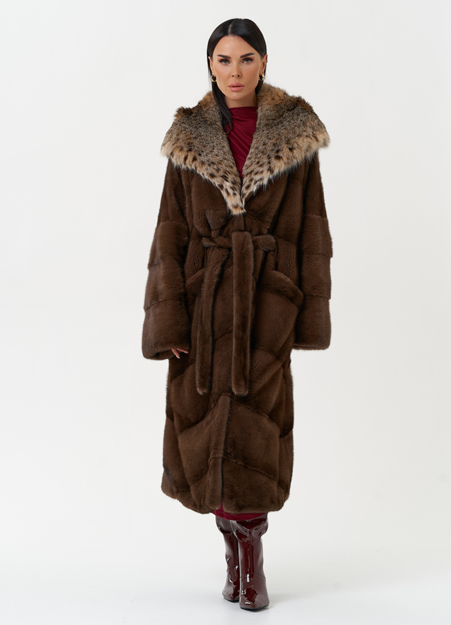 Женская шуба из меха норки с капюшоном из меха рыси модель № 31159 меха малина