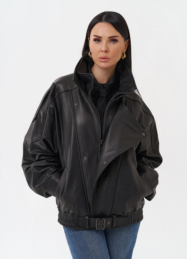 Объемная женская куртка из натуральной кожи модель № 29912 меха малина