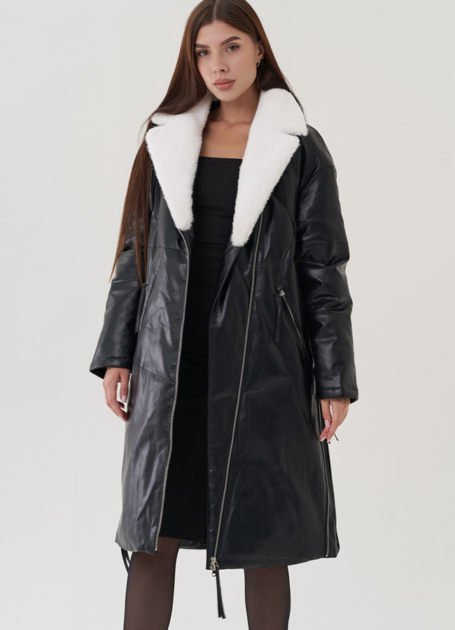 Пуховик женский из эко кожи с английским воротником модель № 25466 меха малина