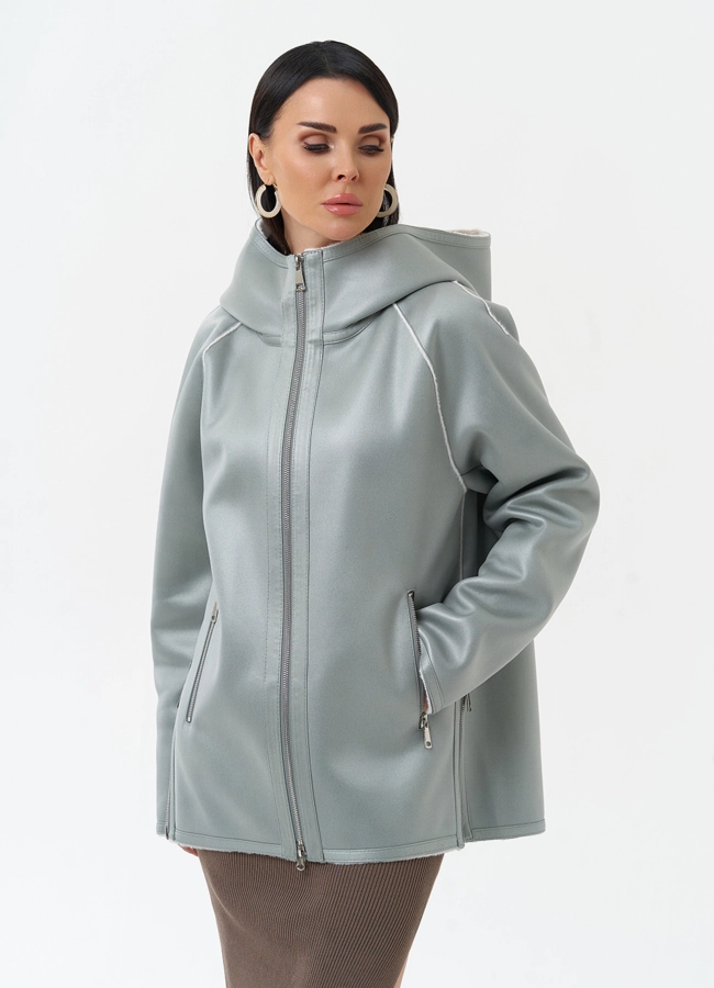 фото Женская дубленка из эко замши с капюшоном модель № 30204