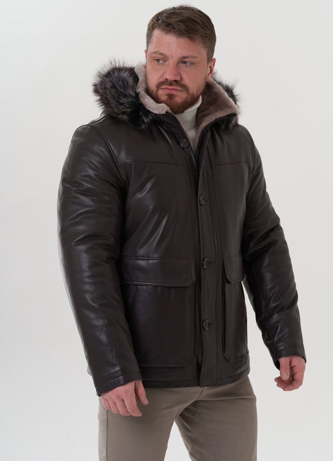 фото Пуховик из натуральной кожи с капюшоном модель № 26230