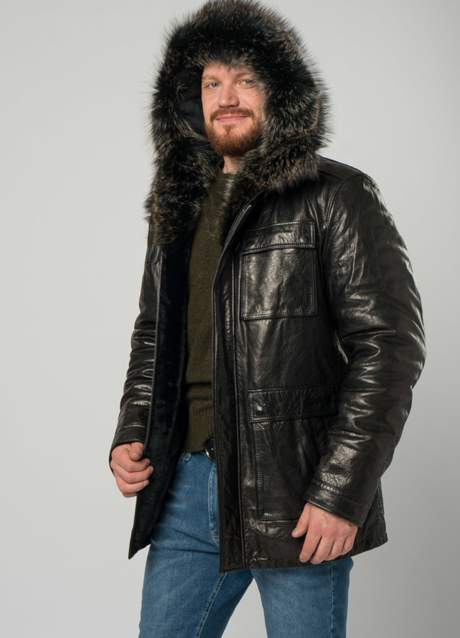Мужской пуховик из натуральной кожи с капюшоном и отделкой из енота модель № 21923 универмаг малина