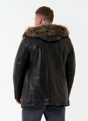 Мужская натуральная дубленка на волке с отделкой из меха енота
