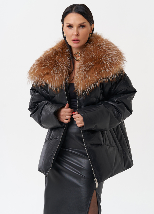 Женский кожаный пуховик с отделкой из натурального меха модель № 28911 меха малина