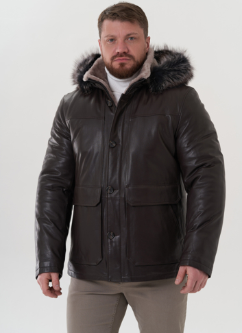 Пуховик из натуральной кожи с капюшоном