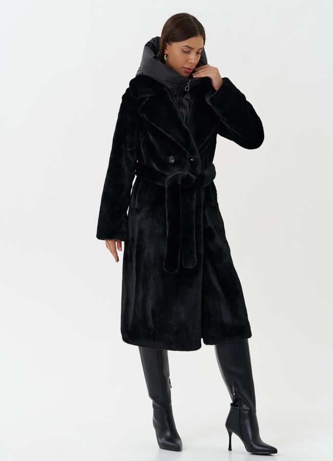 фото Женское пальто из экомеха с капюшоном модель № 28641