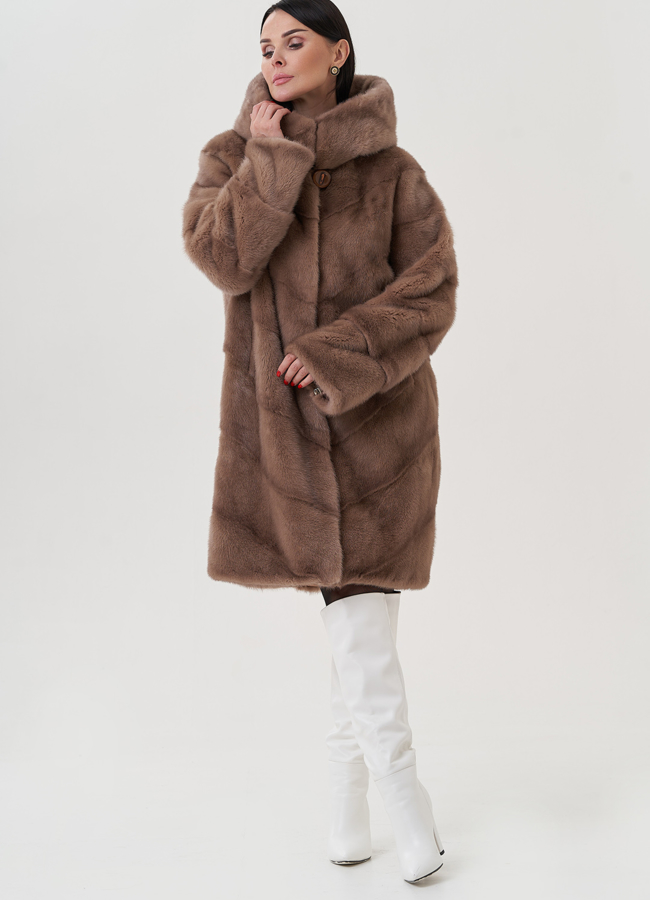 фото Норковая шуба с капюшоном  модель № 25470