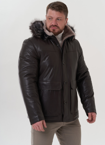 Пуховик из натуральной кожи с капюшоном