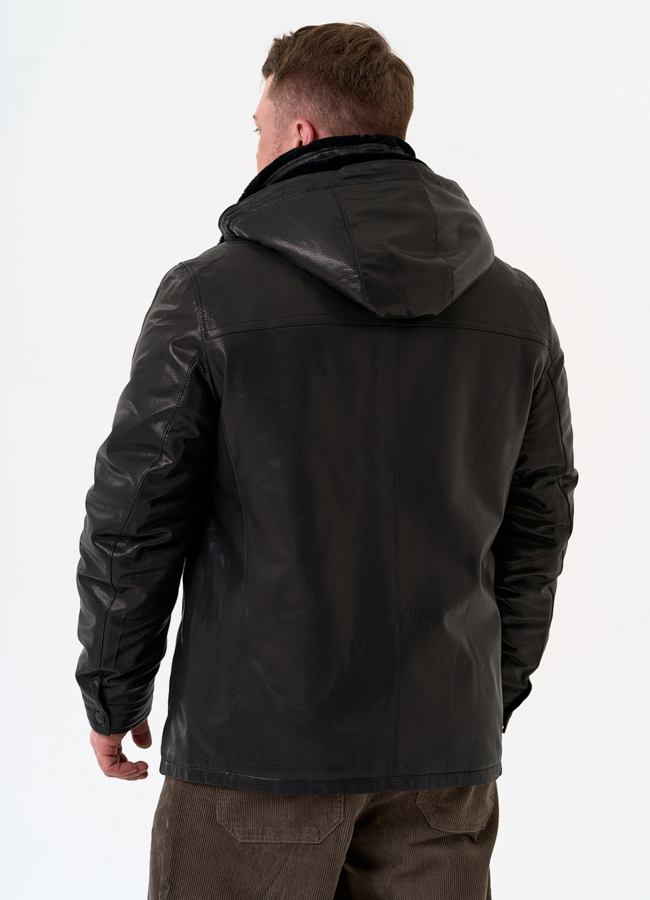 Мужская дубленка черного цвета с капюшоном модель № 31776 в кредит